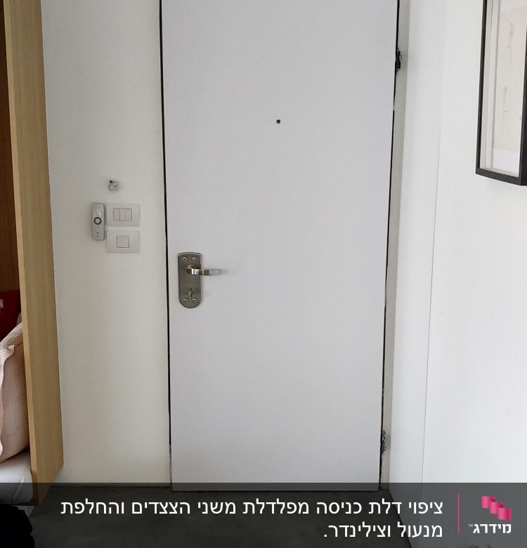 דלת לבנה עם ידית מתכת על רצפת בטון